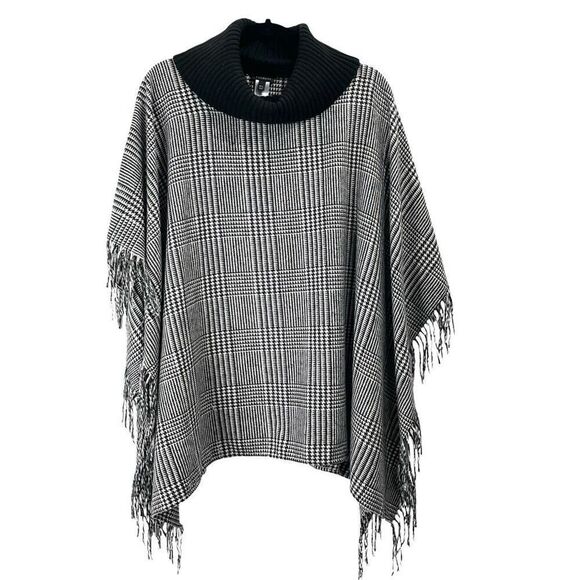 Talbots Houndstooth plaid Poncho Cape Shawl M/L Black White Fringe - Picture 1 of 7